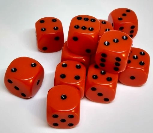 Chessex 25603 Opaque: Orange/Black - 16mm D6 (12 Dice)