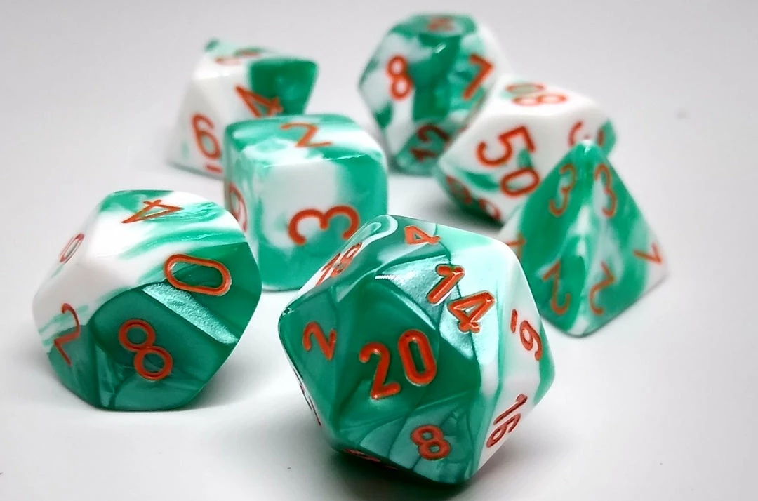 New β Chessex 30020 Gemini: Mint Green White/Orange - Polyhedral (7 Dice) Accessories π 3 Chessex 30020 Gemini: Mint Green White/Orange - Polyhedral (7 Dice) Accessories